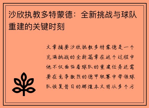 沙欣执教多特蒙德:全新挑战与球队重建的关键时刻 沙欣执教多特蒙德:全新挑战与球队重建的关键时刻